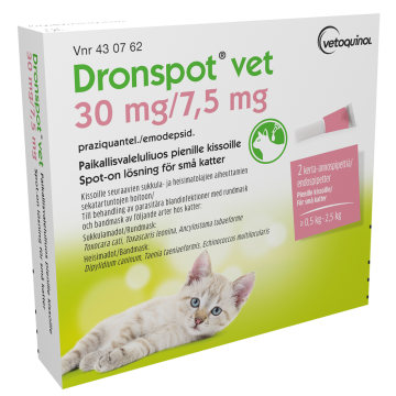 DRONSPOT VET paikallisvaleluliuos 30 mg / 7.5 mg 2 x 0.35 ml